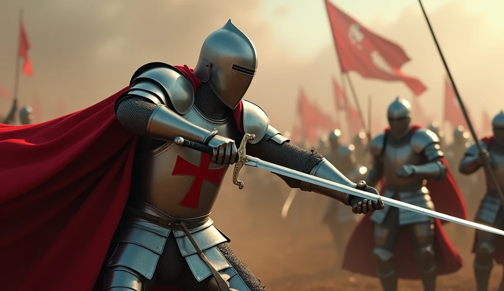 A highly realistic, high-contrast, 8K HD, detailed, hyper-detailed action scene where the knight from the provided image, wearing steel armor with a red cross on his tunic, is mid-swing, bringing his sword down to strike an enemy soldier. The enemy soldier is clad in plain silver armor with no emblems, distinct from the knight. The scene is intense, with the knight's sword gleaming in the dramatic lighting as it cuts through the air. The force and determination in the knight's movements are captured in vivid detail, as the enemy soldier recoils from the powerful strike. The background is filled with the chaos of battle, adding to the intensity of the moment. The image is of the highest quality, with ultra-high resolution, RAW photo quality, and Unreal Engine rendering, showcasing the brutal and decisive action of the knight in combat.
