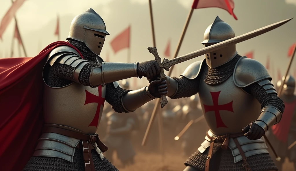 A highly realistic, high-contrast, 8K HD, detailed, hyper-detailed action scene where the knight from the provided image, wearing steel armor with a red cross on his tunic, is mid-swing, bringing his sword down to strike an enemy soldier. The enemy soldier is clad in plain silver armor with no emblems, distinct from the knight. The scene is intense, with the knight's sword gleaming in the dramatic lighting as it cuts through the air. The force and determination in the knight's movements are captured in vivid detail, as the enemy soldier recoils from the powerful strike. The background is filled with the chaos of battle, adding to the intensity of the moment. The image is of the highest quality, with ultra-high resolution, RAW photo quality, and Unreal Engine rendering, showcasing the brutal and decisive action of the knight in combat.