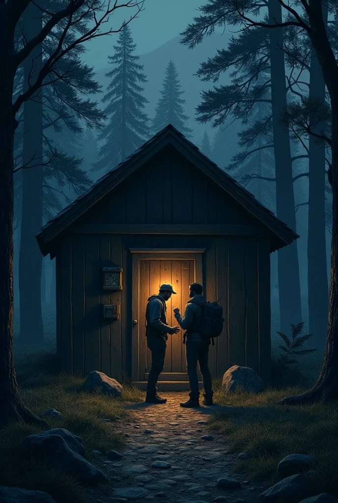 Man lock his door of a cabin in a dark forest at night 