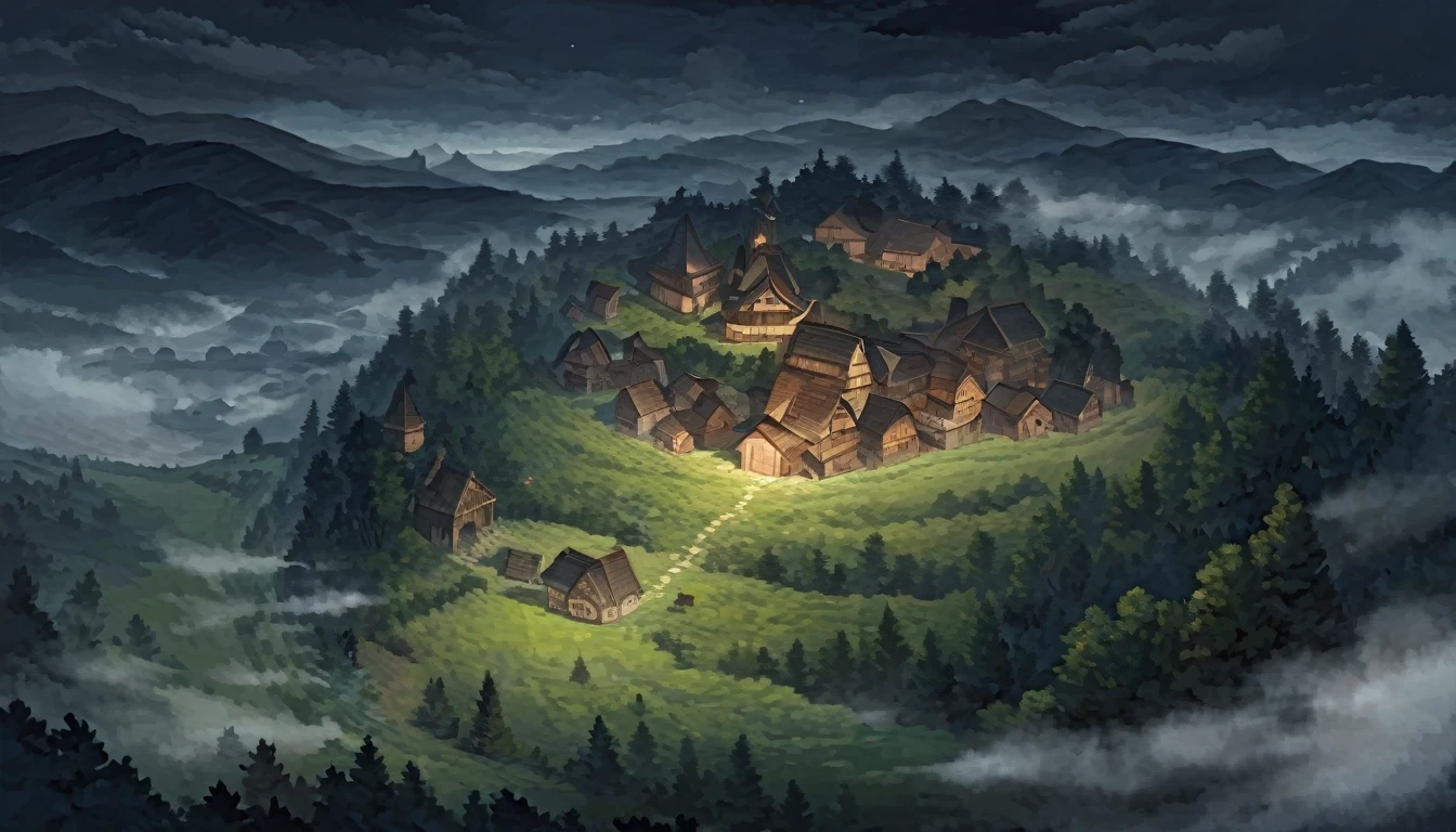view from above, the forest, A meadow, small village, wooden dilapidated houses, in the distance beyond the village there is a mountain, There is a castle on the mountain, night, fog, cloudy sky