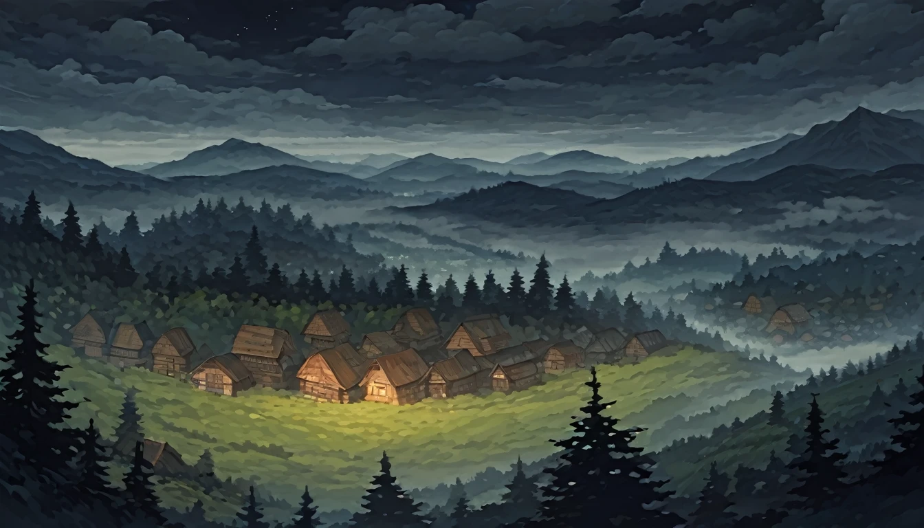 view from above, the forest, A meadow, small village, wooden dilapidated houses, in the distance beyond the village there is a mountain, There is a castle on the mountain, night, fog, cloudy sky