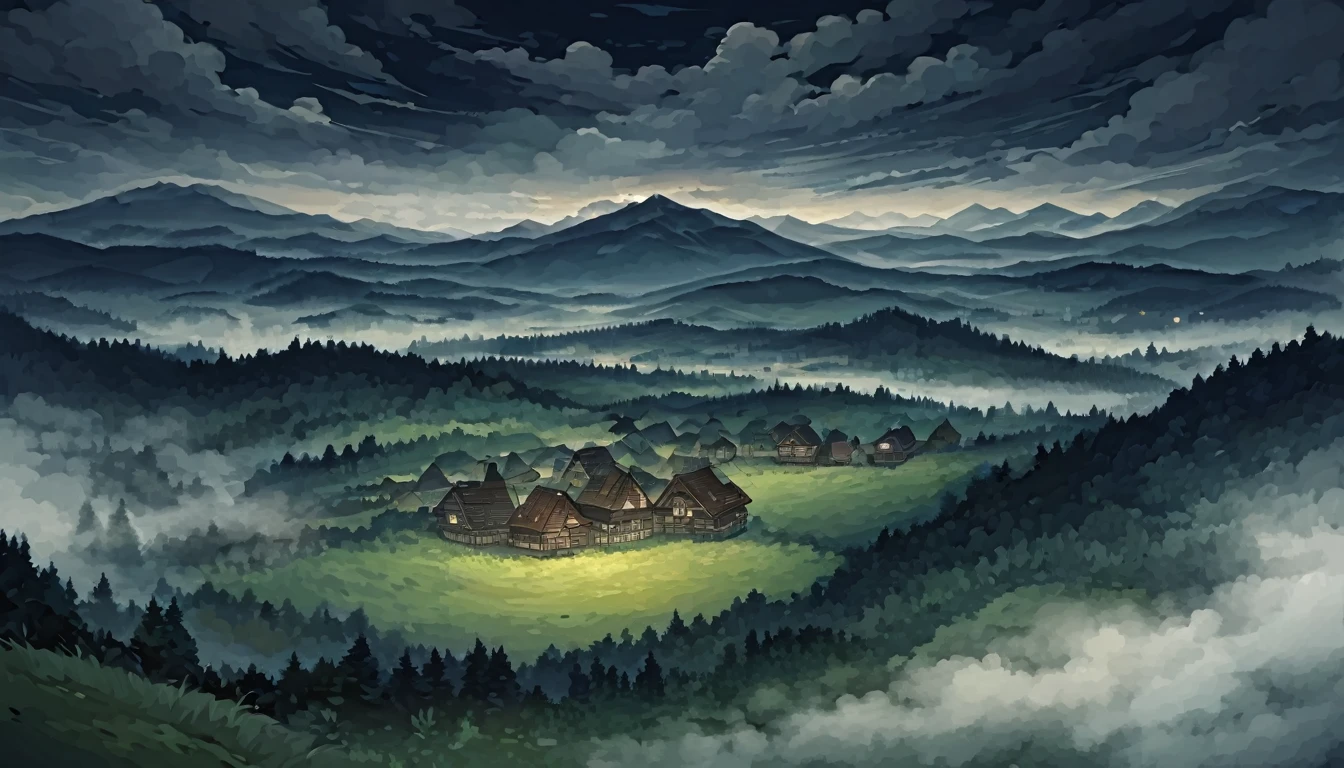 view from above, the forest, A meadow, small village, wooden dilapidated houses, in the distance beyond the village there is a mountain, There is a castle on the mountain, night, fog, cloudy sky