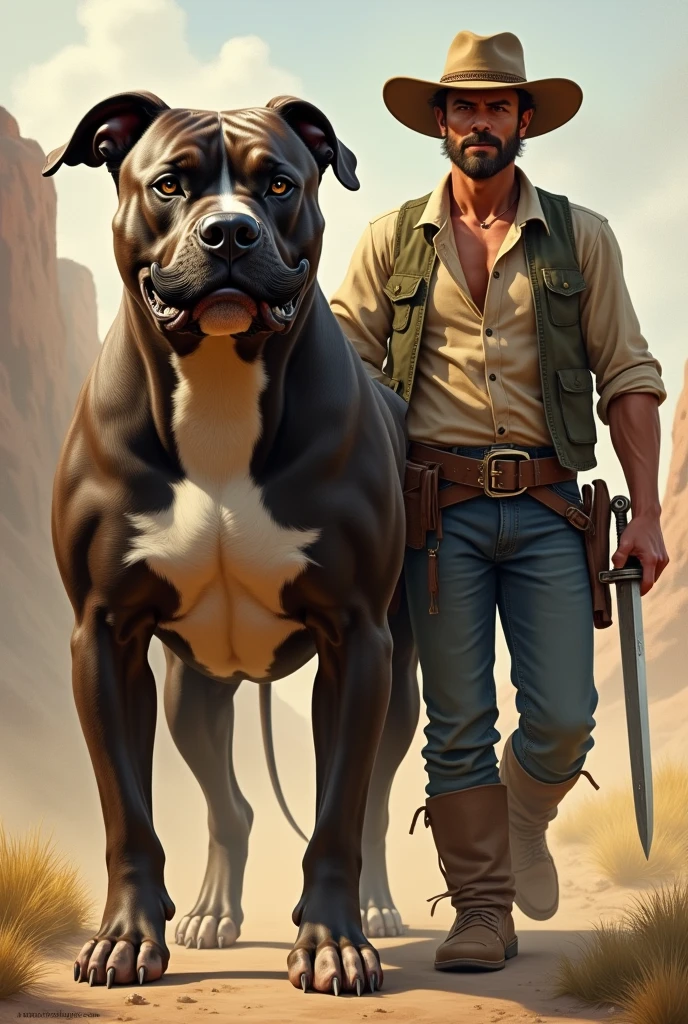 Pitbull with the goal mustache.d roger with a straw hat and a sword on his hip