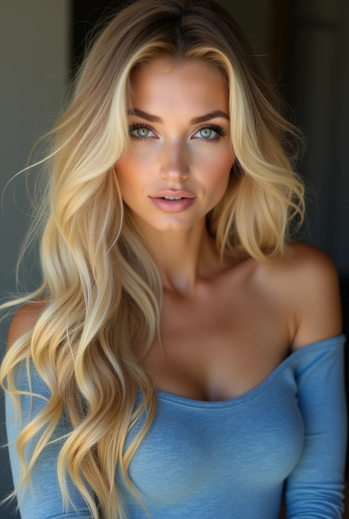 arafed woman with long blond hair and blue top posing for a picture, Alana Fletcher, Angie Glock, Dasha Taran, angelina stroganova, karolina cummings, olga buzova, Catarina, Aleksandra Waliszewska, blond goddess, blond, Nicole Aniston, Anna Nikonova aka Newmilky