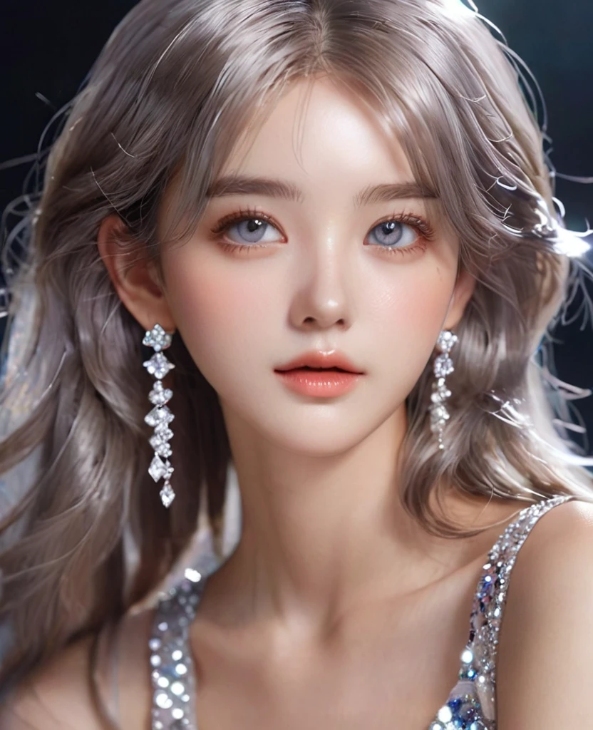 8K,A,cute girl,an extremely delicate and beautiful,Beautiful and realistic skin,Shiny jewel-like earrings,bumpy hair,Shiny like glitter greige hair,beautiful eyes,full body