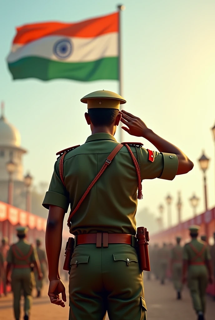 indian army person " ganesh 06 "celebrating independence day. And backside view salute to flying flag.