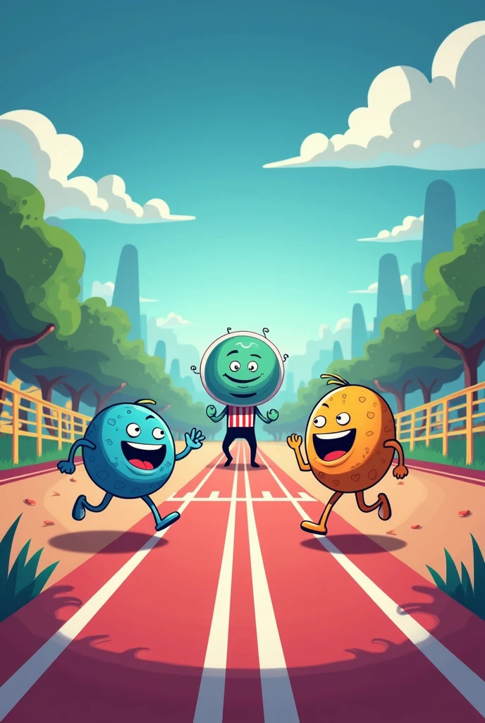 a stage with two race tracks. On one track is Mito (stem cell) a cheerful and active cell, and on the other track is Meo (Stem cell) calm but competitive. A nucleus-shaped referee announces the start of the race