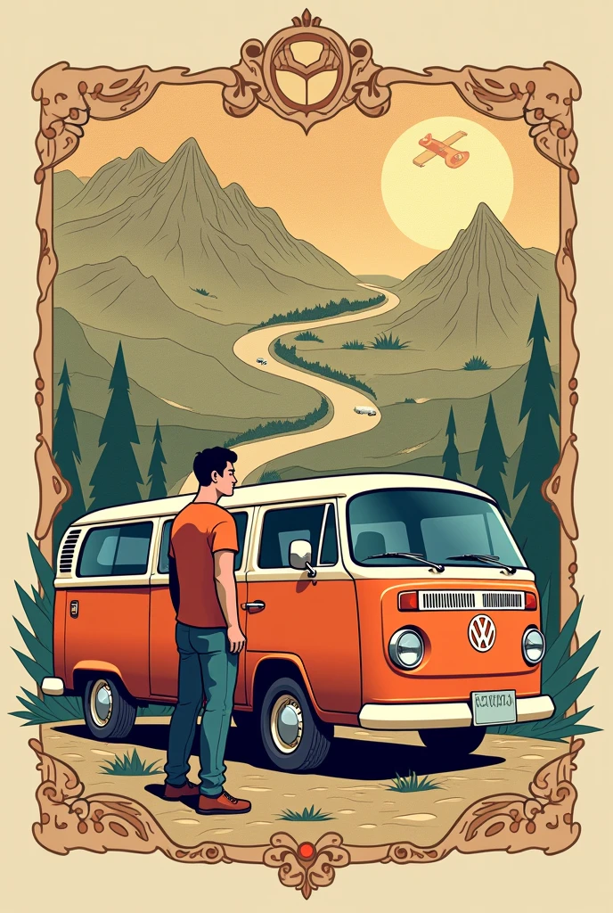 {
  "size": "1024x1024",
  "prompt": "A visually striking illustration featuring a vintage kombi van in the foreground with a minimalistic man standing beside it. The man is drawn with smooth, flowing lines, without facial details, giving him a simple yet stylish appearance, ideal for vehicle art. A detailed map is in the background, showcasing intricate paths, landmarks, and terrain features. A winding road connects the kombi to a specific point on the map, symbolizing a journey. The colors are vibrant and balanced, creating a harmonious and visually appealing design perfect for plotagem on the kombi."
}