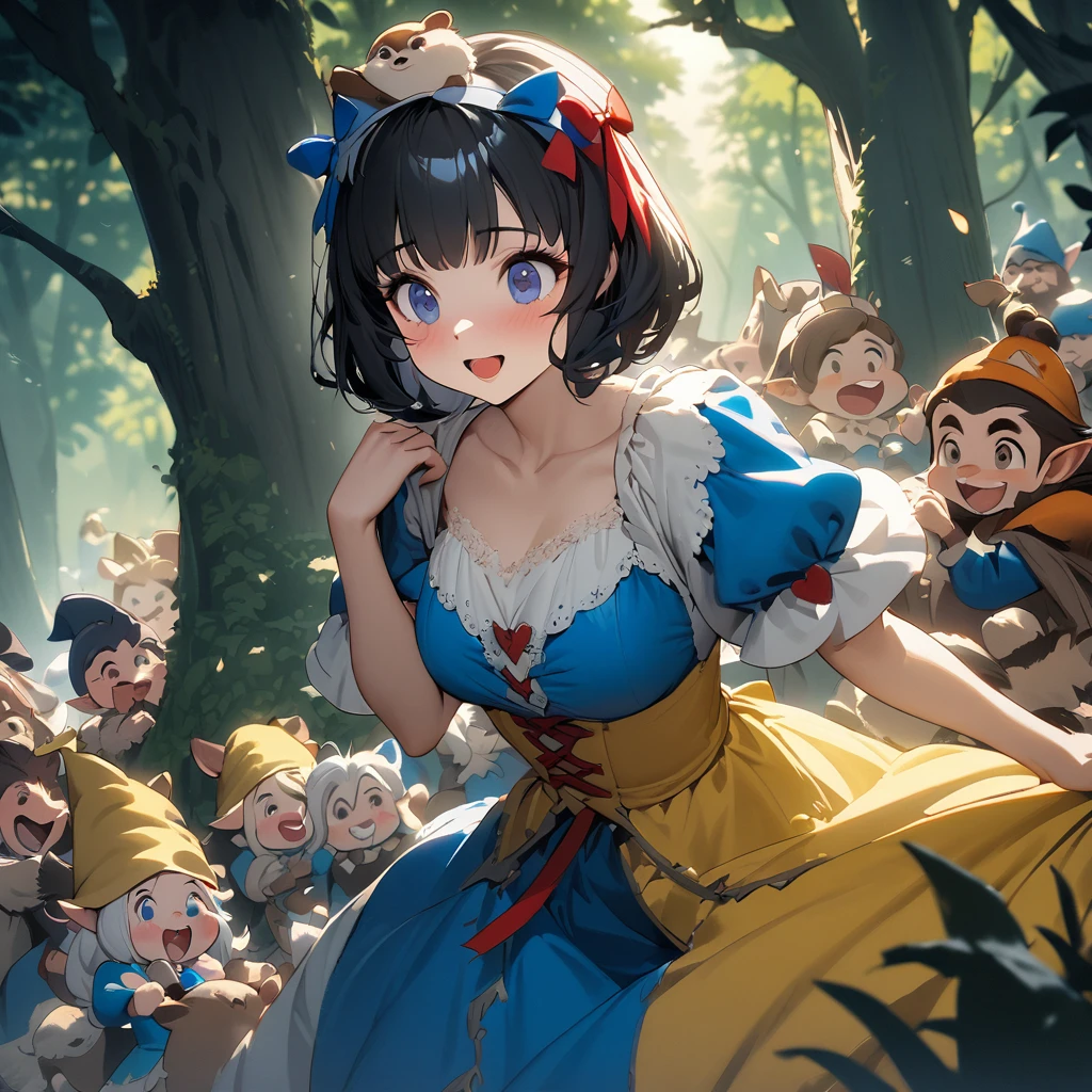 A masterpiece, detailed, crazy and fun illustrations, deep forests of medieval Europe, cinematic lighting, the heroine is Snow White, the most beautiful girl in the world, black bob hair, red ribbon on her head, blue dress with white shoulders and yellow skirt.
She is in the middle of a crazy tea party with the seven dwarfs and forest animals.