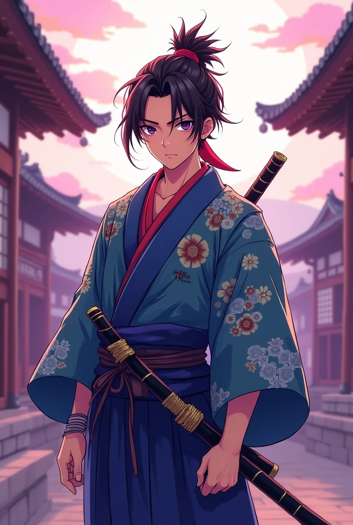 (illustrator) sketsa anime, samurai, kimono, blurple, front position, full body, boy, age 18