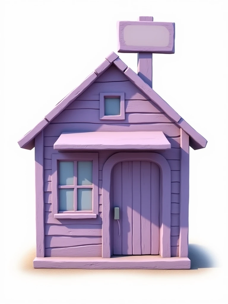 At the center of the image, there is a rustic lilac house with a sign on top of the roof. PNG image. White background.