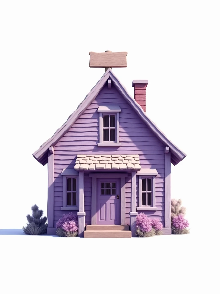 At the center of the image, there is a rustic lilac house with a sign on top of the roof. PNG image. White background.