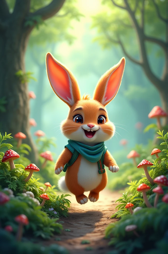 a rabbit ,colorful, cheered up , In a forest , adventuring