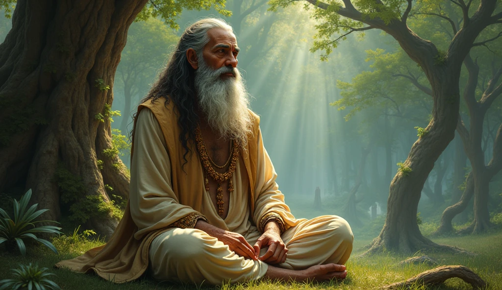 "Create an image of the sage Durvasa, known for his intense anger and deep meditation, sitting in a forested area in deep meditation. He has an ascetic appearance, with long, unkempt hair, a beard, and wearing simple, traditional clothing made of natural fibers. His expression should convey both the power of his wrath and the calmness of his spiritual practice. In the background, depict elements that suggest a connection to Lord Krishna, such as a distant, serene figure of Krishna playing the flute or a subtle aura of divine energy, to symbolize the story of humility, devotion, and patience. The setting should be lush and green, with ancient trees and a calm atmosphere."