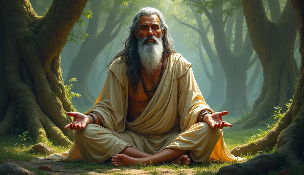 "Create an image of the sage Durvasa, known for his intense anger and deep meditation, sitting in a forested area in deep meditation. He has an ascetic appearance, with long, unkempt hair, a beard, and wearing simple, traditional clothing made of natural fibers. His expression should convey both the power of his wrath and the calmness of his spiritual practice. In the background, depict elements that suggest a connection to Lord Krishna, such as a distant, serene figure of Krishna playing the flute or a subtle aura of divine energy, to symbolize the story of humility, devotion, and patience. The setting should be lush and green, with ancient trees and a calm atmosphere."