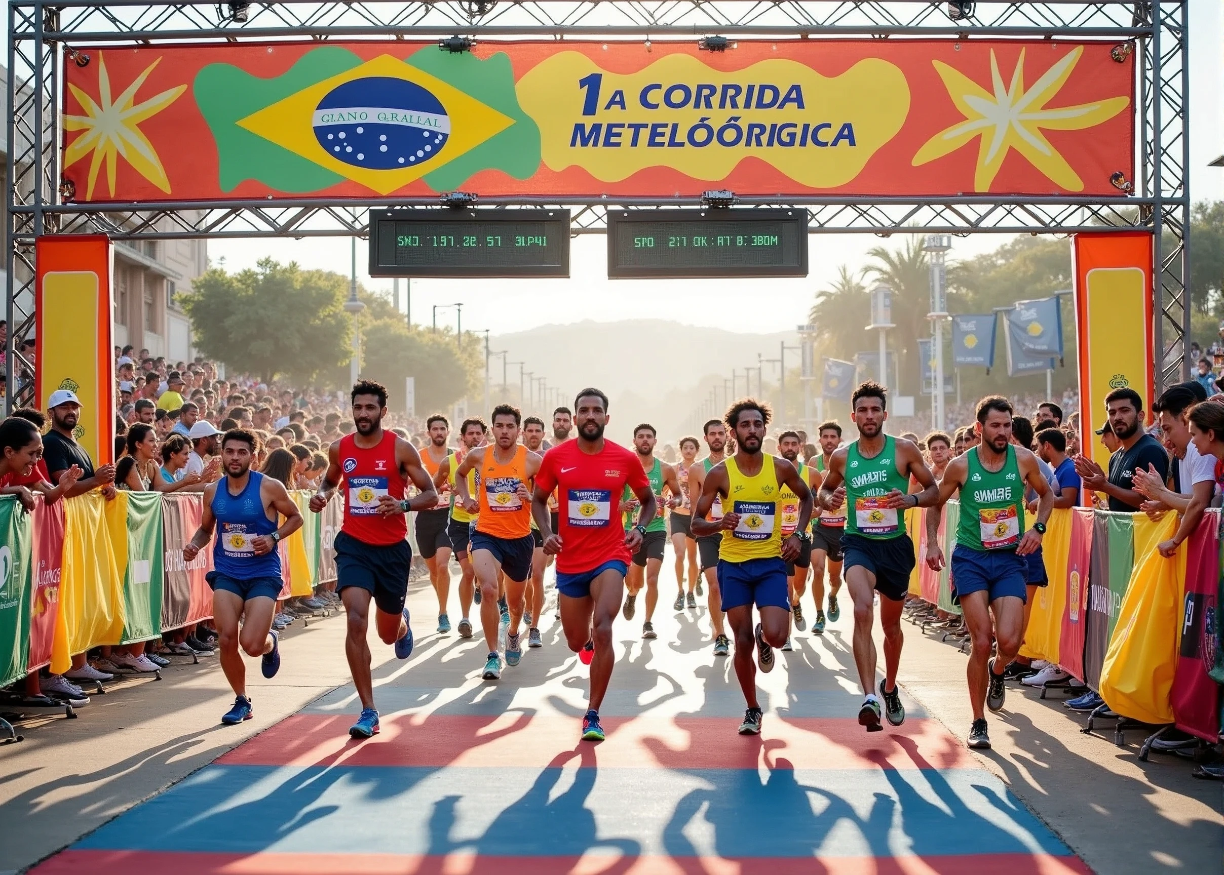 A high-quality photo of a large group of Brazilian people running in a marathon during the daytime. The runners, wearing a variety of colorful athletic gear, are in mid-stride, with expressions of focus and determination. sunlight dapples the ground, creating dynamic shadows. The scene is lively with spectators cheering from the sidelines, and the overall atmosphere is energetic and celebratory. Text written on banner "1ª Corrida Metelúrgica"