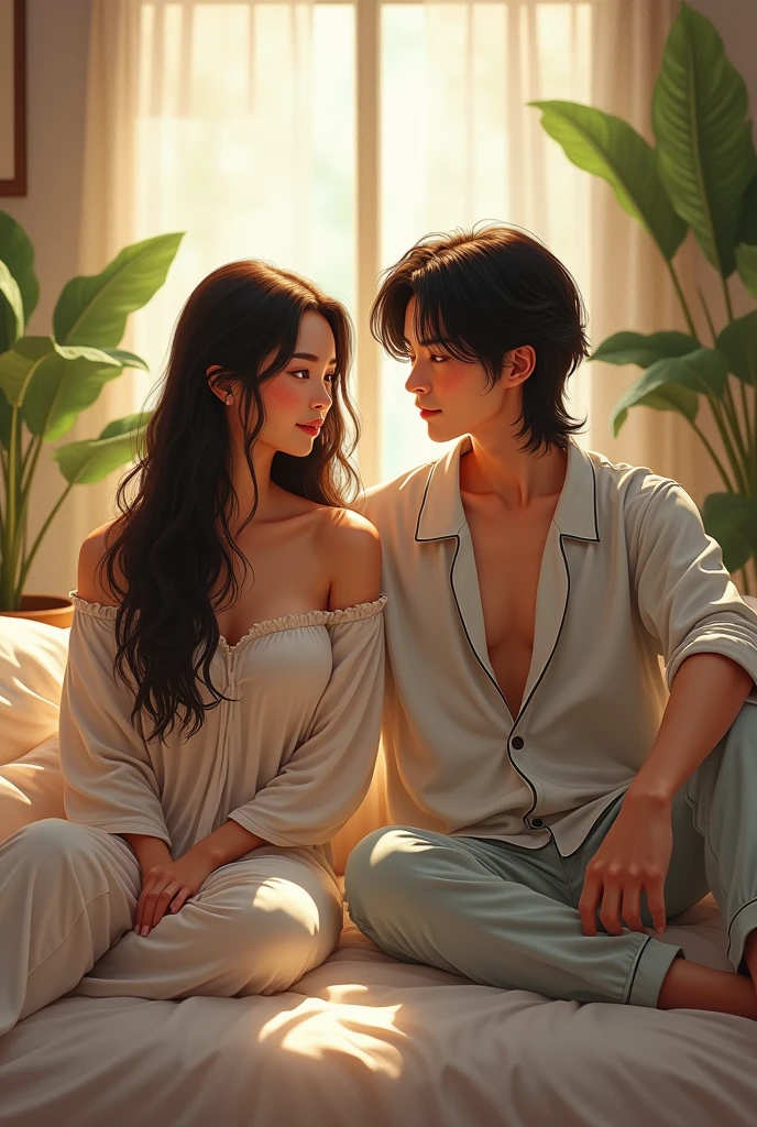 (photorealism:1.2), beautiful asian woman with handsome asian man with longhaired wearing pajama , sitting on bed, wearing loose off-shoulder top, pajama pants, long  hair, indoors, soft lighting, plants in background, window with sunlight, cozy room, relaxed pose, realistic, intricate details, warm colors, by Greg Rutkowski, by Alphonse Mucha