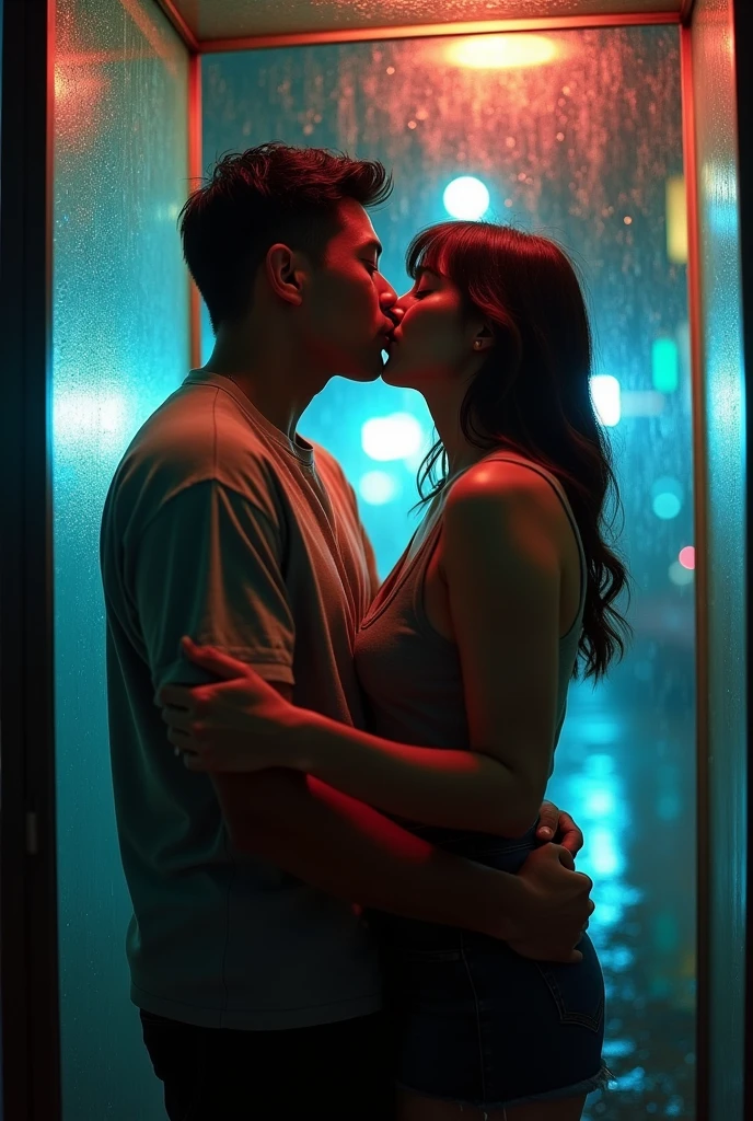 A Couple, (behind a glass shot:1.5), (best quality:1.5), japanese, 1man and 1girl, 35y a man in casual cloth with short black hair, 25y sweet and chubby girl, in a telephone booth, a man carrying a girl thighs with his arms then she giving a romantic kiss, she has messy mid long bang hair in tanktop and skirt, sneakers, (lift posing:1.5), real couple, 120 film looks, (neon light reflection in glass surface:1.3), ambient lighting, night, (rainy:1.4), detailed face and eyes, very highly detailed, surreal view, (sharp focus:1.3), shot by mamiya analog film, (artistic photography:1.3), (wide angle:1.3)