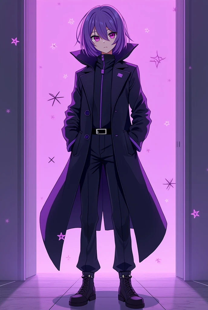 Anime style, 16k, highres, best quality, high quality, super detail, high details, accurate, masterpiece, UHD, violet pupils, a black jacket with asymmetrical brim and long sleeves and a high collar and two buttons on the left side, black pants without belt, black shoes, violet gloves, violet hair, calm look, calming standing with hands in poket, violet aura with wide black outlines, small violet stars with wide black outlines, closed mouth, full body focus, look on viewer,