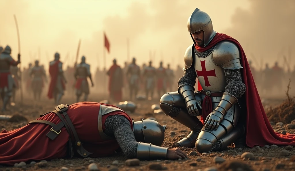 A highly realistic, high-contrast, 8K HD, detailed, hyper-detailed image of a Crusader knight kneeling beside a fallen soldier on a battlefield. The knight, wearing steel armor with a red cross on his tunic, has his eyes filled with determination as he prepares to continue the fight. The battlefield in the background is chaotic, with the aftermath of battle visible—fallen soldiers, scattered weapons, and rising dust. The atmosphere is somber yet intense, capturing the knight's resolve amidst the devastation. The image is of the highest quality, with ultra-high resolution, RAW photo quality, and Unreal Engine rendering, showcasing the Crusader's courage and unwavering spirit in the midst of war.
