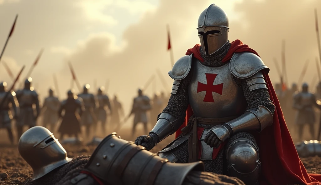 A highly realistic, high-contrast, 8K HD, detailed, hyper-detailed image of a Crusader knight kneeling beside a fallen soldier on a battlefield. The knight, wearing steel armor with a red cross on his tunic, has his eyes filled with determination as he prepares to continue the fight. The battlefield in the background is chaotic, with the aftermath of battle visible—fallen soldiers, scattered weapons, and rising dust. The atmosphere is somber yet intense, capturing the knight's resolve amidst the devastation. The image is of the highest quality, with ultra-high resolution, RAW photo quality, and Unreal Engine rendering, showcasing the Crusader's courage and unwavering spirit in the midst of war.
