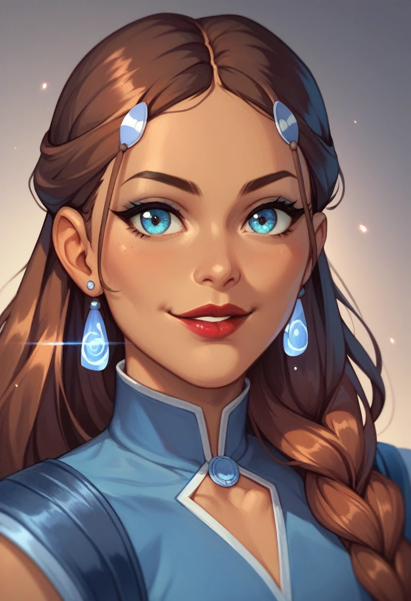 (masterpiece) (best quality) (detailed face) (8k) (sharp focus), 1 female: detailed Katara, wide smirk, red lipstick, really cute, Katara, cute
