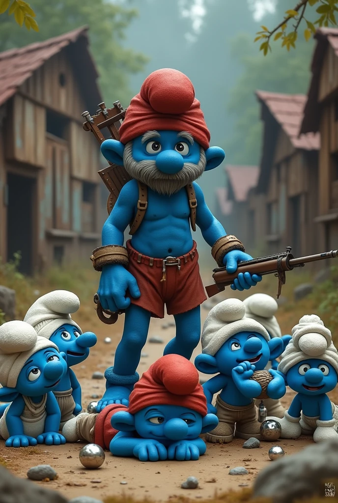 a group of 6 smurfs with papa smurf dressed like characters from the video game Rust by lying on the floor defeated by a single naked human character from the game rust with a crossbow who is proceeding to loot the smurfs valuables