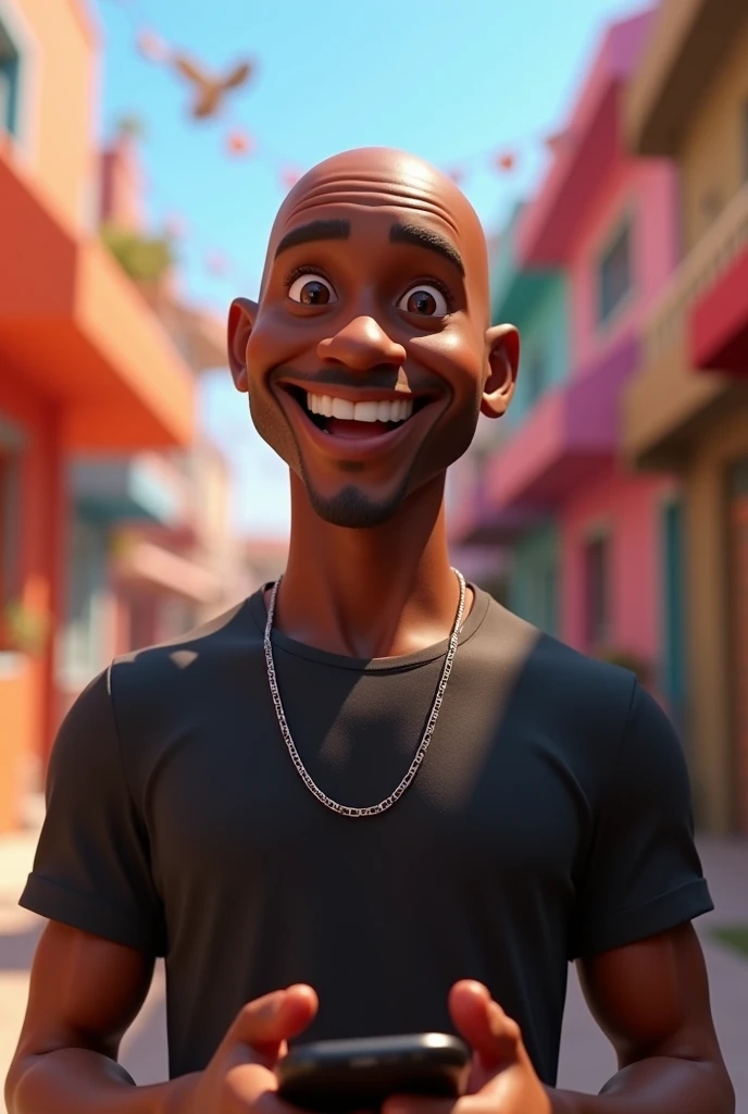 Pixar-inspired 3D poster capturing a scene with a 36-year-old bald man, dark-skinned, wearing a black t-shirt and a thin silver chain, he is happy with a phone in his hand