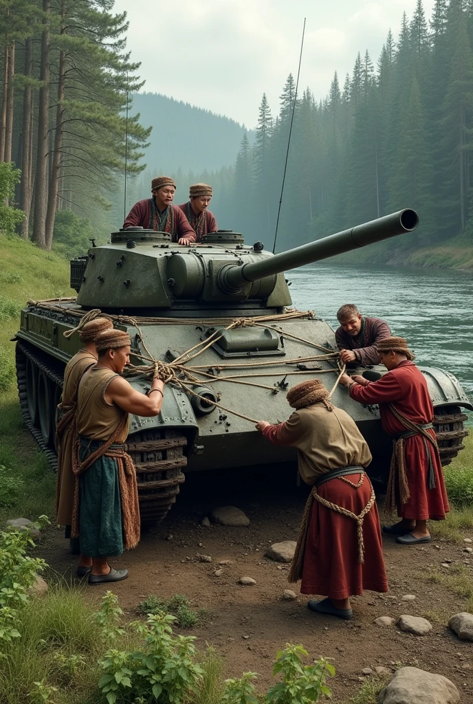 mongolian guys are wearing different mongolian traditional clothes and mongolian boots mongolian hat binding up fully all over the soviet tank too much with rope in the woods near the river in arkhangai aimak