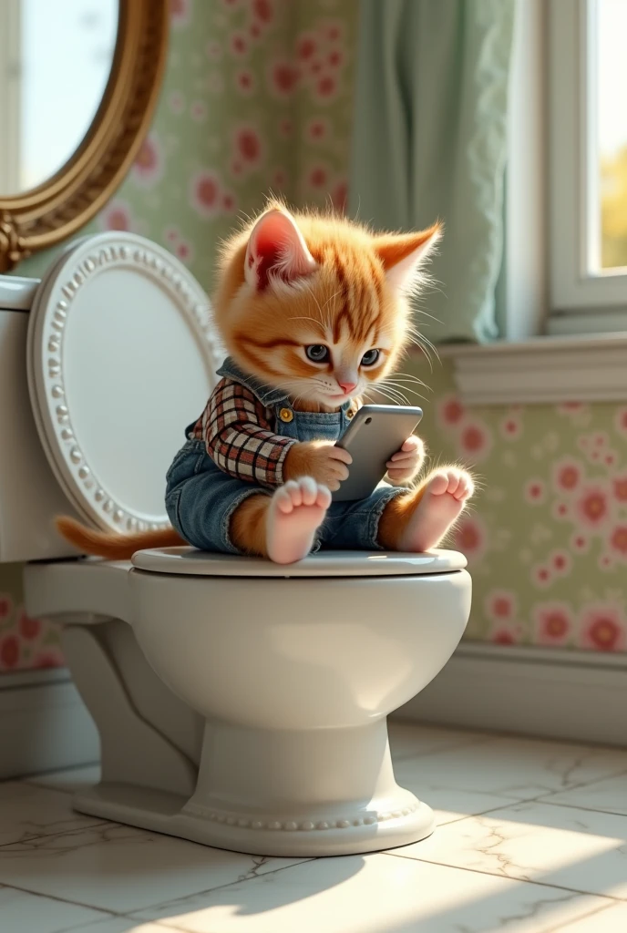 A small, fluffy kitten sitting casually on an ornate Victorian-style toilet seat in a charming, vintage bathroom. The kitten is holding a sleek, modern smartphone in its paws, fully engrossed in what it's watching. It's dressed in a tiny, custom-made plaid shirt and denim overalls, perfectly tailored to fit. The bathroom has a white marble floor, floral wallpaper, and a golden-framed mirror reflecting the soft morning light. The atmosphere is serene yet whimsically playful, with a touch of cozy warmth. Illustration in a 3D style, with soft, natural lighting and subtle, detailed textures to create a warm and inviting scene, using Cinema 4D rendering engine.
