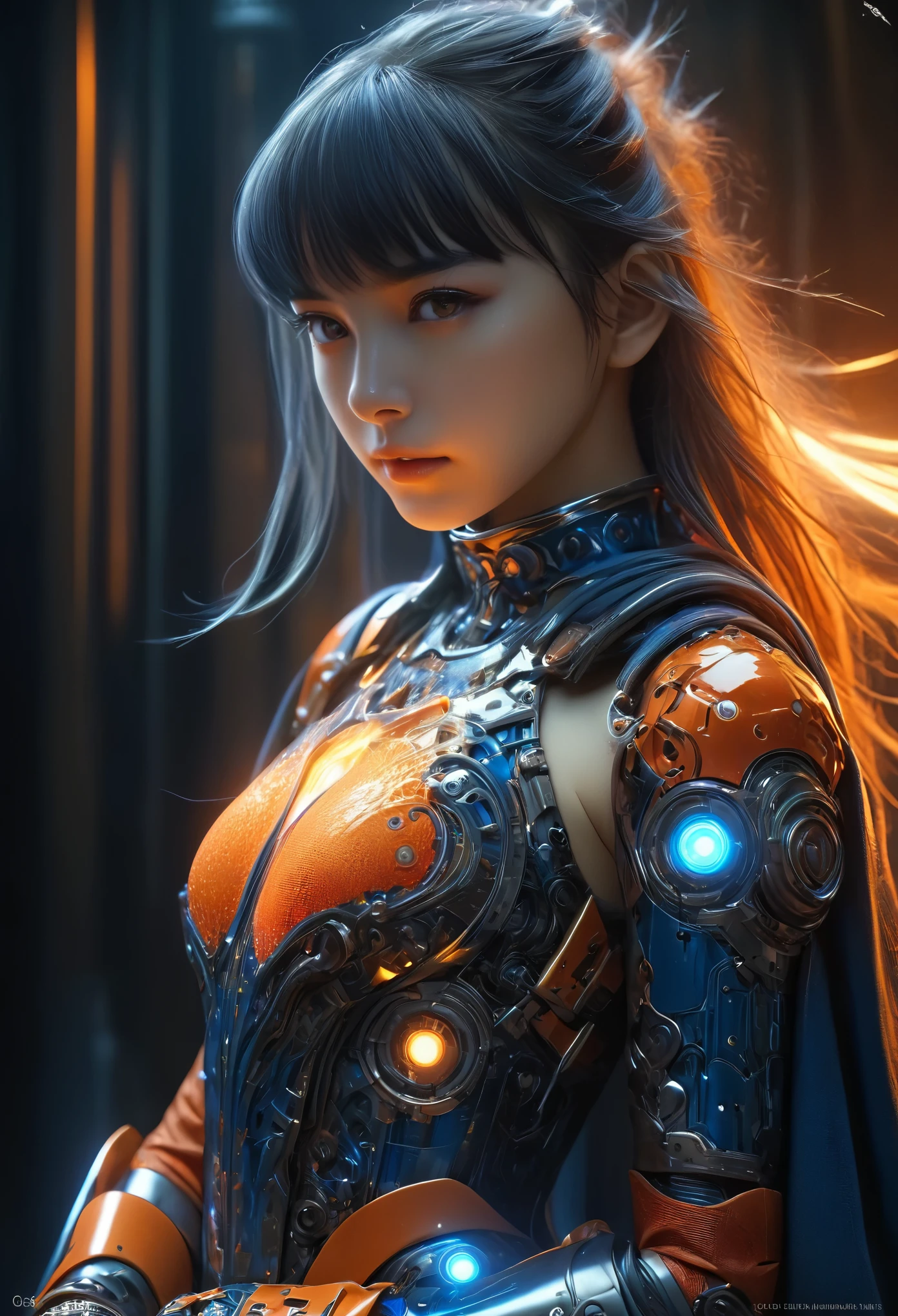 (Best Quality, 4K, 8K, High Resolution, Masterpiece: 1.2), (Super Detailed, Realistic, Photorealistic:1.37), A woman in futuristic clothing, Trending on cgstation, Trending on cgstation, (Portrait of a girl in the Knights of the Zodiac:1.4), blunt bangs, Cute Cyborg Girl, Perfect android girl, Portrait Astronaut Girl, Beautiful girl cyborg, (Girl wearing iridescent red and blue and orange mechanical cyber armor:1.3), Game CG, cgsociety and fenghua zhong, Beautiful Cyborg Shrine Maiden, Bioluminescence, (Yua Yaiba:0.5), (Golden eyes:1.5), Anatomically correct grip, (Sharp and long claws:1.4), erotic and sexy, black, wearing A gorgeous cape with beautifully detailed embroidery, (beautiful tits, beautiful breasts, beautiful nipples:1.5), (NSFW:1.5)