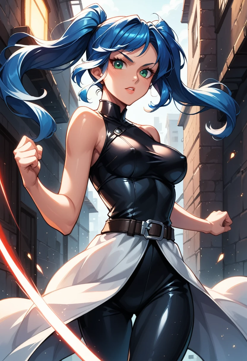 score_9, score_8_up, score_7_up, source_anime, rating_safe, 1girl, solo, one focused sexy smuggler jedi, confident look, green eyes, medium breasts, inside the darkness of a dark blue alley, bare shoulders, bare arms, (blue hair, twin_tails:1.2), swinging two white lightsabers, attack stance, motion lines from two lightsabers, long hair, white cloak, two white sword, covered nipples, red_latex_top, black_latex_pants, belt with holster, focus on breasts, cowboy shot, dramatic lighting, dim lighting except from lightsaber.