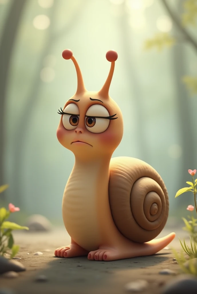 Create an animated character of a snail with a sad face.