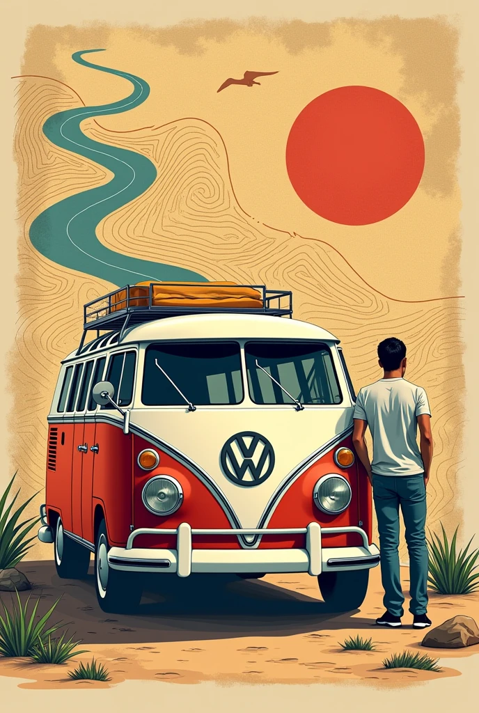 {
  "size": "1024x1024",
  "prompt": "A visually striking illustration featuring a vintage kombi van in the foreground with a minimalistic man standing beside it. The man is drawn with smooth, flowing lines, without facial details, giving him a simple yet stylish appearance, ideal for vehicle art. A detailed map is in the background, showcasing intricate paths, landmarks, and terrain features. A winding road connects the kombi to a specific point on the map, symbolizing a journey. The colors are vibrant and balanced, creating a harmonious and visually appealing design perfect for plotagem on the kombi."
}