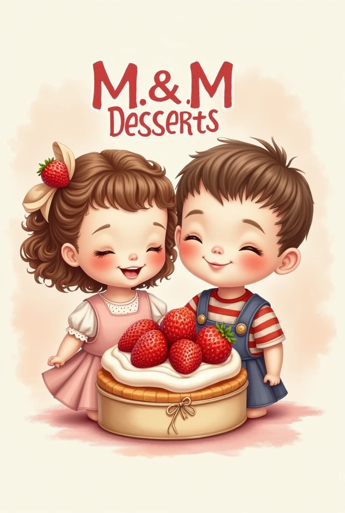 Create a design for a company logo called M.M desserts, with two little dolls, one and a boy, with a beautiful dessert with strawberries in a bag