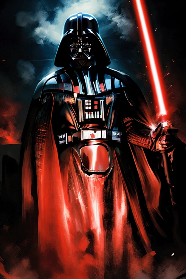 A powerful depiction of Darth Vader standing in a dark tunnel, illuminated by the red glow of his lightsaber. The red light casts an eerie glow on the surrounding smoke, which swirls around him, enhancing the ominous and cinematic atmosphere. His silhouette is sharply defined, emphasizing his authority and fearsome presence. The background is pitch black, with a striking contrast between light and shadow, creating a dramatic and imposing scene 全身