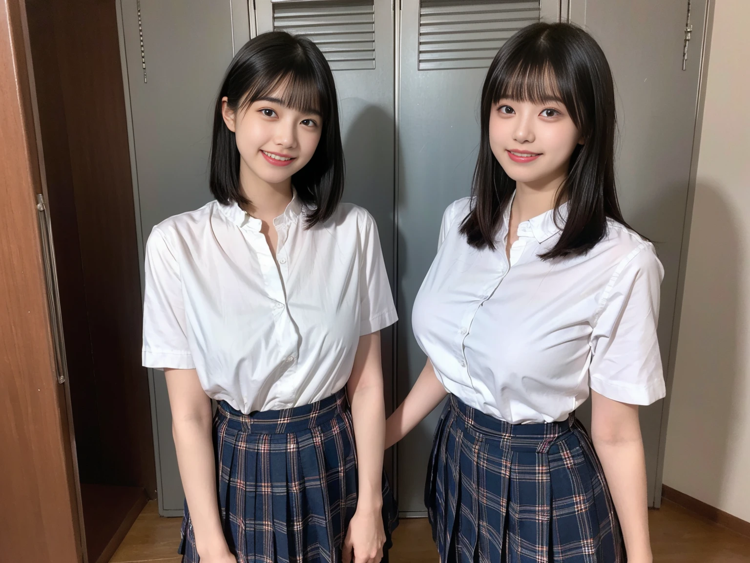 (masterpiece, realistic, photo-realistic:1.2), finely detail, ultra high res, perfect anatomy, best quality, 8K, soft focus, (grin, happy smile:1.3), (2girls, 16yo Japanese short girls, dress shirts, pleated plaid skirt:1.2), portrait, (upper body shot:1.2), focus on breasts, (black straight hair, short hair, blunt bangs:1.2), beautiful detailed face and big eyes, (glowing fair skin, shiny oiled body:1.2), (pointed huge breasts, gigantic breasts:1.2), (bloom, awesome detailed school locker room:1.2), standing, (open shirts:1.2), (show off bra:1.1), 2girls side by side,