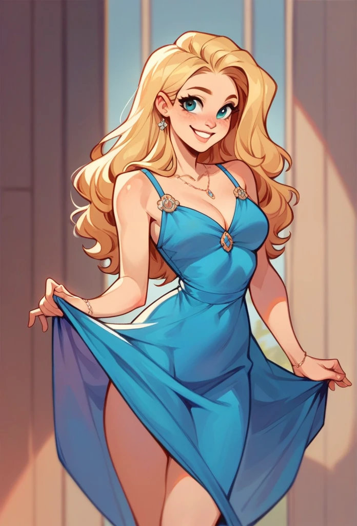 blonde hair , 18 years old, sexy, showing off curves sexy, gorgeous, caucasian, haley stardew , smiling, cute, lifting up tiny blue dress