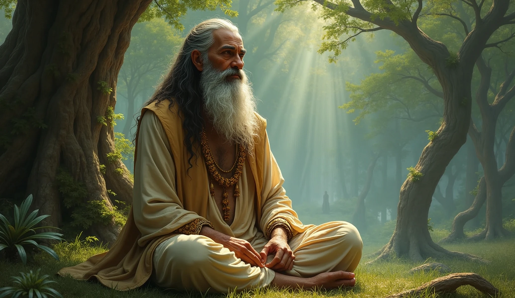 "Create an image of the sage Durvasa, known for his intense anger and deep meditation, sitting in a forested area in deep meditation. He has an ascetic appearance, with long, unkempt hair, a beard, and wearing simple, traditional clothing made of natural fibers. His expression should convey both the power of his wrath and the calmness of his spiritual practice. In the background, depict elements that suggest a connection to Lord Krishna, such as a distant, serene figure of Krishna playing the flute or a subtle aura of divine energy, to symbolize the story of humility, devotion, and patience. The setting should be lush and green, with ancient trees and a calm atmosphere."