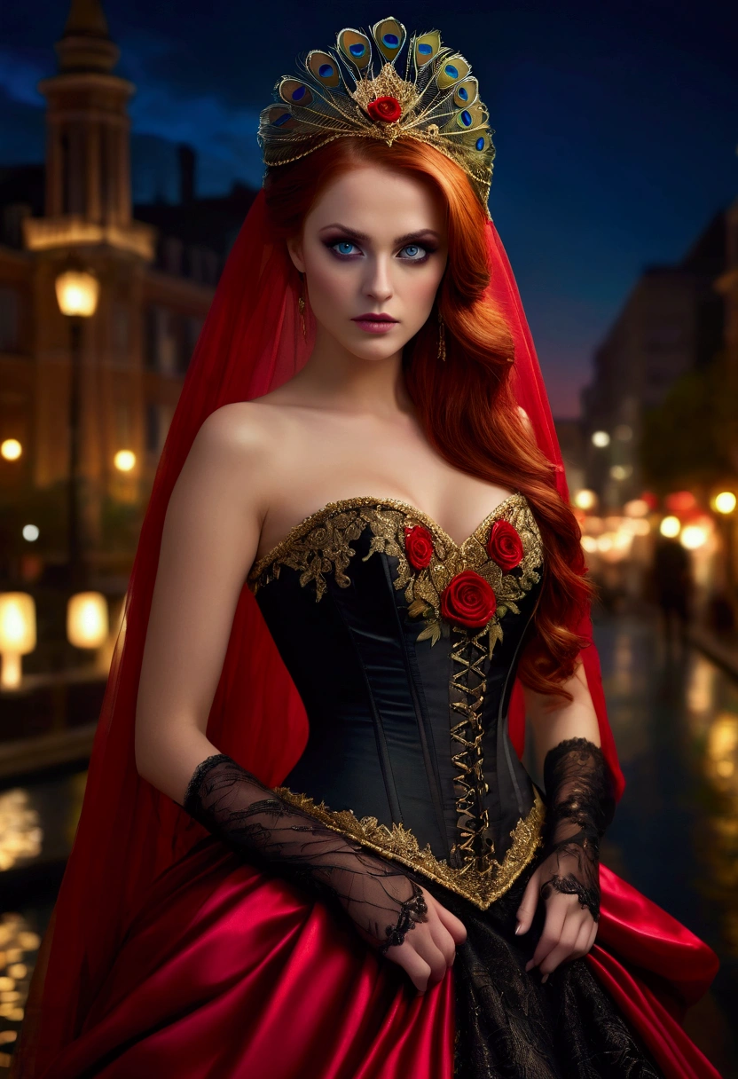 Twilight lady, beautiful and mysterious woman, a work of art of beauty, realistic and sharp focus, wearing elegant peacock costume clothes. Professionally retouched, soft lighting, realistic and smooth face, perfect eyes, sharp focus on eyes, 8k, high definition, incredibly detailed, complex, elegant. on a night city background, long red hair, striking face, expressive and crystal clear amber eyes, black floral tulle veil with gold embroidered edges, bright red satin corset, detailed and intricate, draped black skirt, light fabric, with small red roses on the waist, night background. Full HD.
