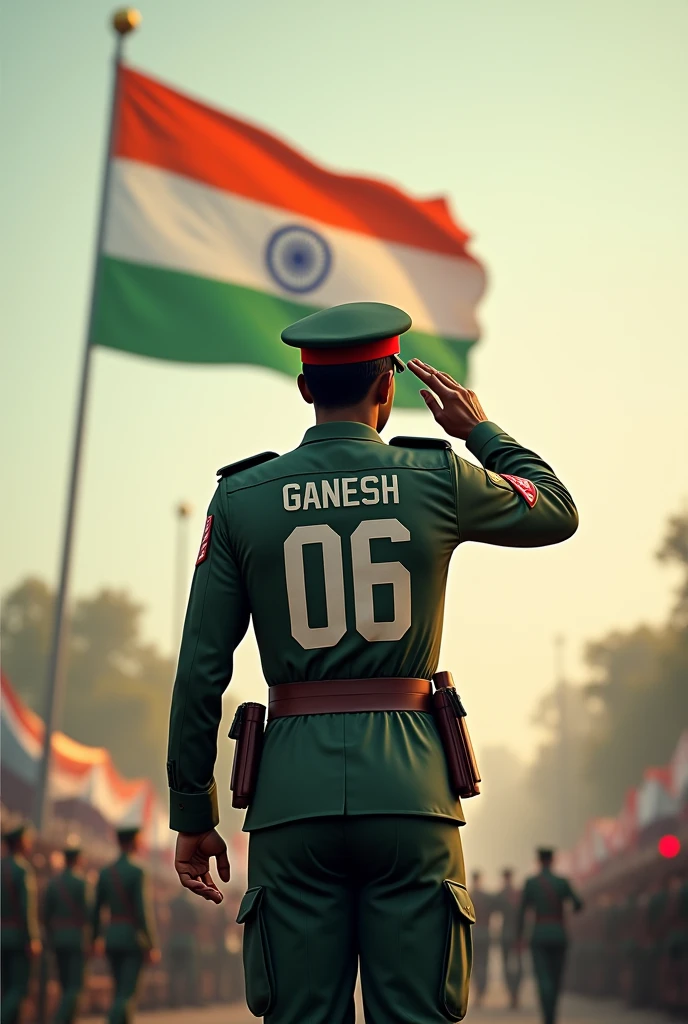 indian army person Jersey number " ganesh 06 "celebrating independence day. And backside view salute to flying flag.