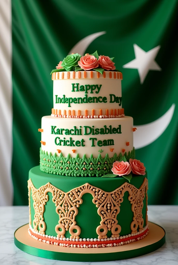 Make a cake for 14th August Pakistan independence day & Write on a cake    Happy independence day Karachi Disabled Cricket Team.