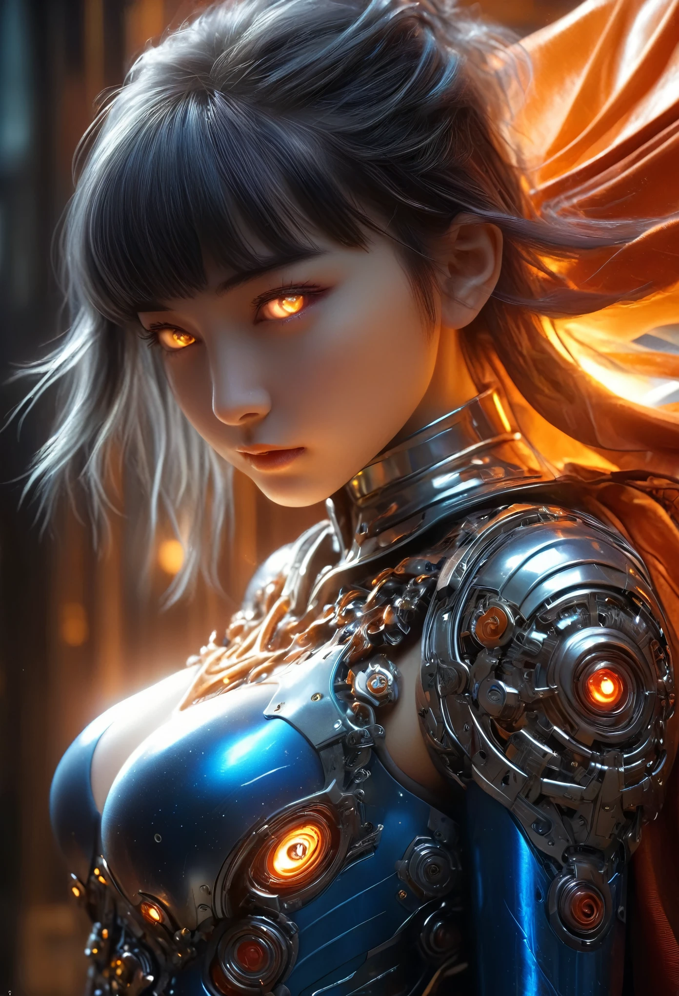 (Best Quality, 4K, 8K, High Resolution, Masterpiece: 1.2), (Super Detailed, Realistic, Photorealistic:1.37), A woman in futuristic clothing, Trending on cgstation, Trending on cgstation, (Portrait of a girl in the Knights of the Zodiac:1.4), blunt bangs, Cute Cyborg Girl, Perfect android girl, Portrait Astronaut Girl, Beautiful girl cyborg, (Girl wearing iridescent red and blue and orange mechanical cyber armor:1.3), Game CG, cgsociety and fenghua zhong, Beautiful Cyborg Shrine Maiden, Bioluminescence, (Yua Yaiba:0.5), (Golden eyes:1.5), Anatomically correct grip, (Sharp and long claws:1.4), erotic and sexy, black, wearing A gorgeous cape with beautifully detailed embroidery, (beautiful tits, beautiful breasts, beautiful nipples:1.5), (NSFW:1.5)