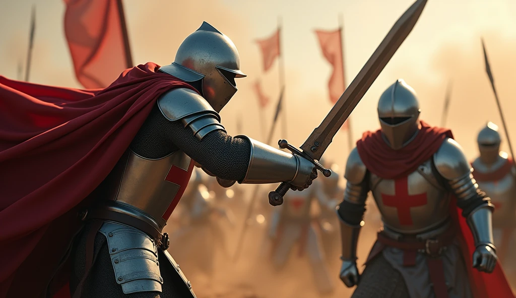 A highly realistic, high-contrast, 8K HD, detailed, hyper-detailed action scene where the knight from the provided image, wearing steel armor with a red cross on his tunic, is mid-swing, bringing his sword down to strike an enemy soldier. The enemy soldier is clearly not a Crusader, clad in plain silver armor without any emblems or crosses. The scene is intense, with the knight's sword gleaming in the dramatic lighting as it cuts through the air. The force and determination in the knight's movements are captured in vivid detail, as the enemy soldier recoils from the powerful strike. The background is filled with the chaos of battle, highlighting the fierce combat. The image is of the highest quality, with ultra-high resolution, RAW photo quality, and Unreal Engine rendering, showcasing the brutal and decisive action of the knight against his non-Crusader enemy.