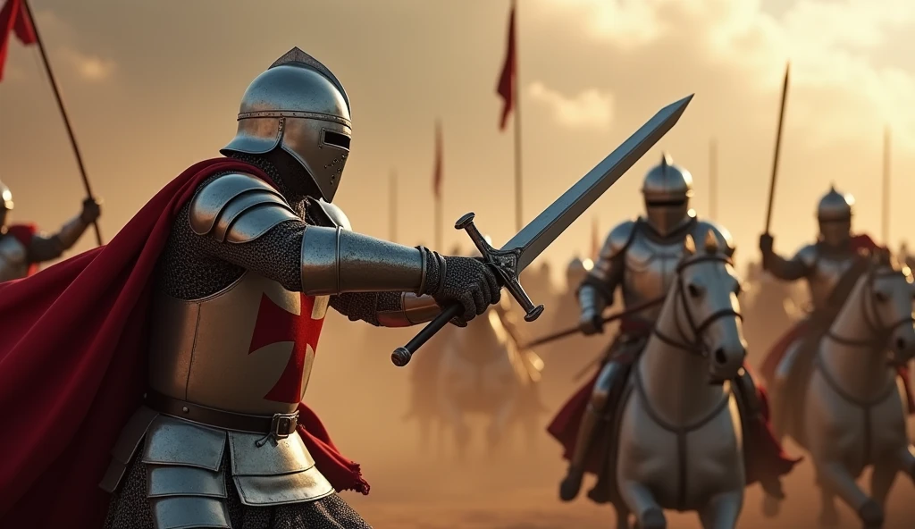 A highly realistic, high-contrast, 8K HD, detailed, hyper-detailed action scene where the knight from the provided image, wearing steel armor with a red cross on his tunic, is mid-swing, bringing his sword down to strike an enemy soldier. The enemy soldier is clearly not a Crusader, clad in plain silver armor without any emblems or crosses. The scene is intense, with the knight's sword gleaming in the dramatic lighting as it cuts through the air. The force and determination in the knight's movements are captured in vivid detail, as the enemy soldier recoils from the powerful strike. The background is filled with the chaos of battle, highlighting the fierce combat. The image is of the highest quality, with ultra-high resolution, RAW photo quality, and Unreal Engine rendering, showcasing the brutal and decisive action of the knight against his non-Crusader enemy.
