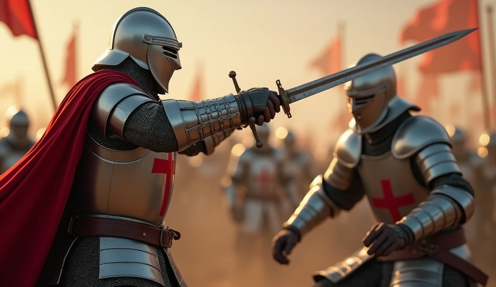 A highly realistic, high-contrast, 8K HD, detailed, hyper-detailed action scene where the knight from the provided image, wearing steel armor with a red cross on his tunic, is mid-swing, bringing his sword down to strike an enemy soldier. The enemy soldier is clearly not a Crusader, clad in plain silver armor without any emblems or crosses. The scene is intense, with the knight's sword gleaming in the dramatic lighting as it cuts through the air. The force and determination in the knight's movements are captured in vivid detail, as the enemy soldier recoils from the powerful strike. The background is filled with the chaos of battle, highlighting the fierce combat. The image is of the highest quality, with ultra-high resolution, RAW photo quality, and Unreal Engine rendering, showcasing the brutal and decisive action of the knight against his non-Crusader enemy.
