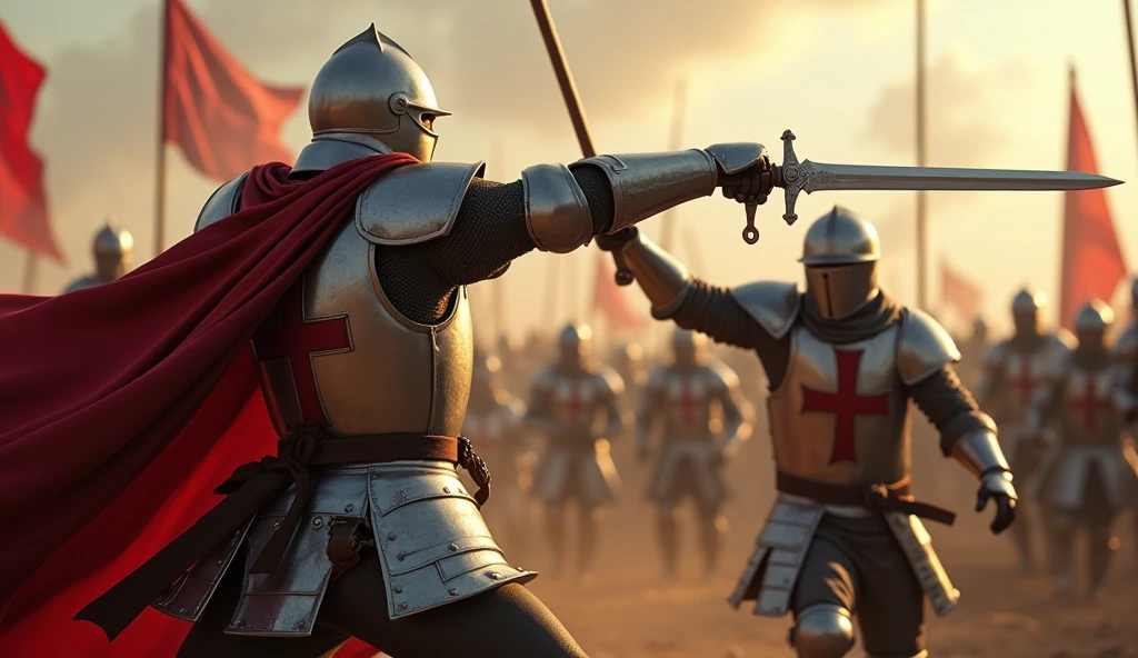 A highly realistic, high-contrast, 8K HD, detailed, hyper-detailed action scene where the knight from the provided image, wearing steel armor with a red cross on his tunic, is mid-swing, bringing his sword down to strike an enemy soldier. The enemy soldier is clearly not a Crusader, clad in plain silver armor without any emblems or crosses. The scene is intense, with the knight's sword gleaming in the dramatic lighting as it cuts through the air. The force and determination in the knight's movements are captured in vivid detail, as the enemy soldier recoils from the powerful strike. The background is filled with the chaos of battle, highlighting the fierce combat. The image is of the highest quality, with ultra-high resolution, RAW photo quality, and Unreal Engine rendering, showcasing the brutal and decisive action of the knight against his non-Crusader enemy.