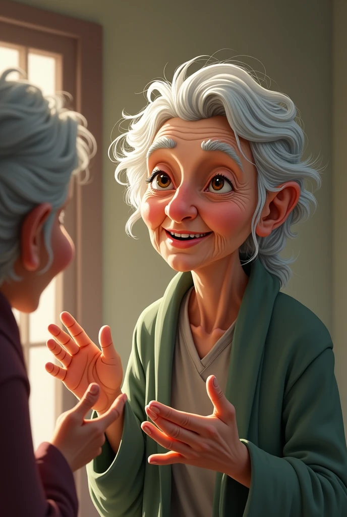 **Woman's Advice : The old woman speaking with gentle wisdom, possibly with a hand gesture towards the mirror or her own face, emphasizing her message about inner happiness. In dall e-3 style