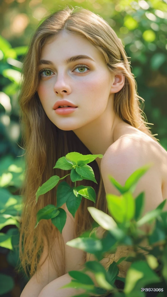 a beautiful 20 year old girl, detailed face, gorgeous eyes, full lips, long eyelashes, detailed skin, photorealistic, natural lighting, serene expression, sensual pose, outdoor garden, lush greenery, detailed foliage, golden hour lighting, cinematic composition, muted color palette, (best quality,4k,8k,highres,masterpiece:1.2),ultra-detailed,(realistic,photorealistic,photo-realistic:1.37)