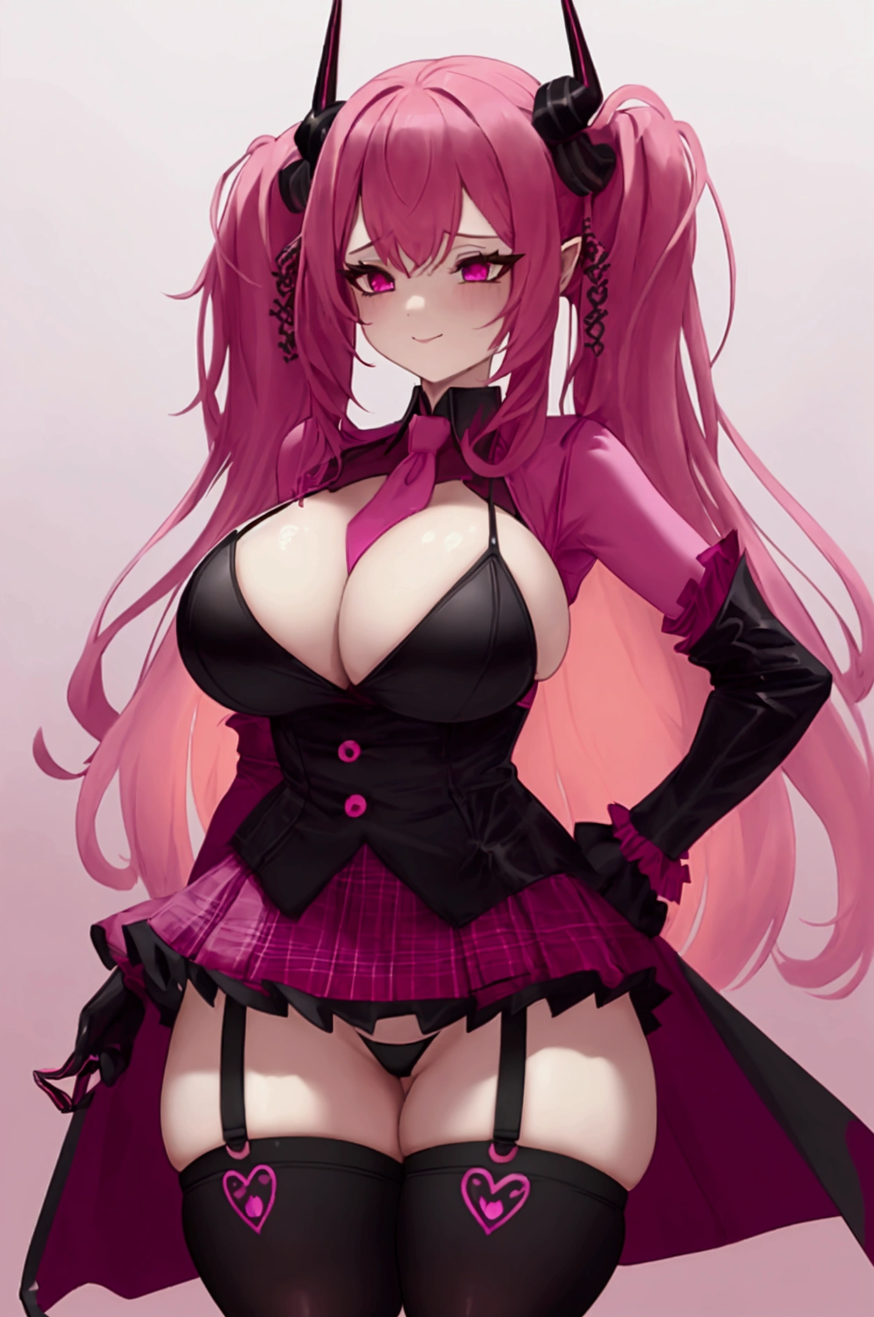 A girl with magenta hair, with pink demon horns, equally pink devil tail, with black clothes with red details, short skirt, sleeves somewhat torn, stockings also somewhat torn, with thick thighs, a very big and sexy ass and big boobs